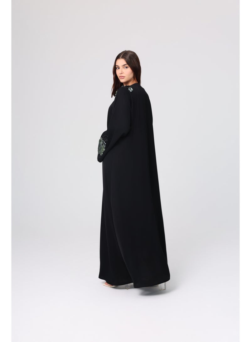 IKKXA Beaded Green Floral Embroidery Abaya ABY1124 Black - Image 3